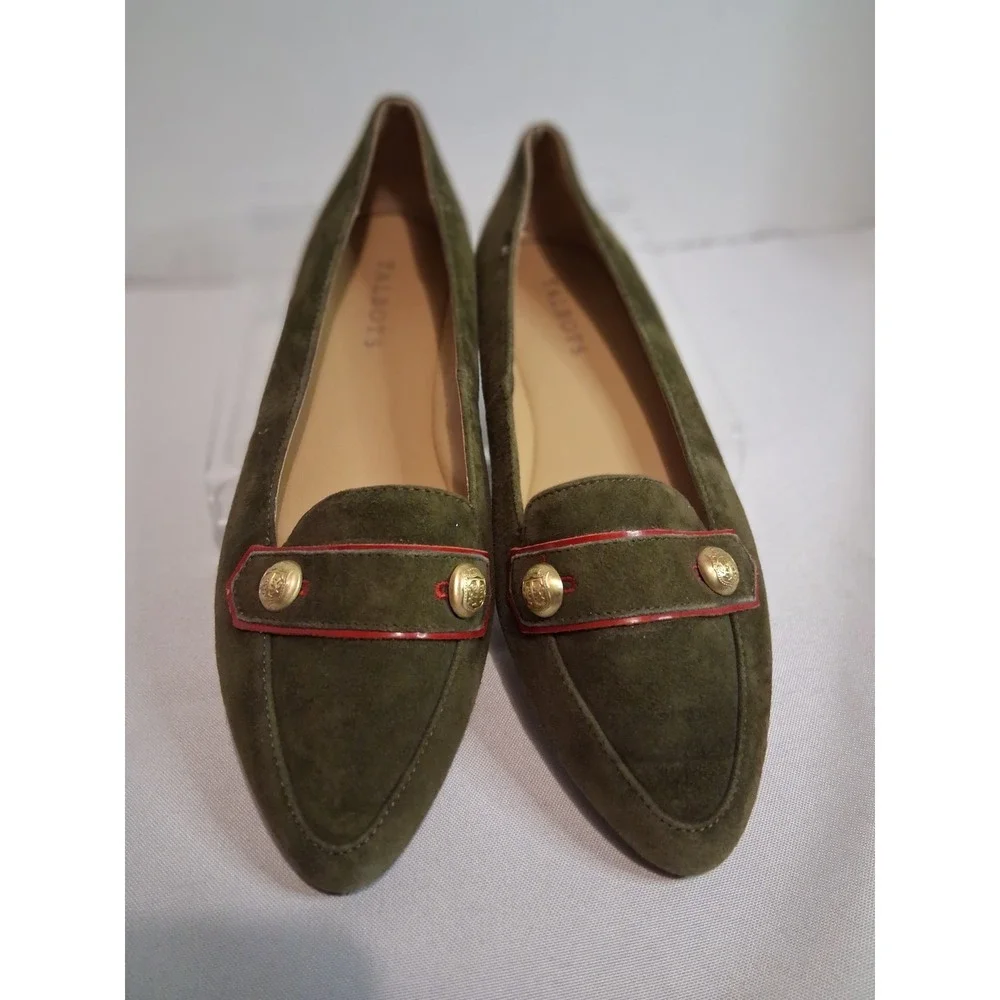 Talbots Olive Green Suede Pointed Toe Loafers Gold Button Red Trim Flats 7.5M